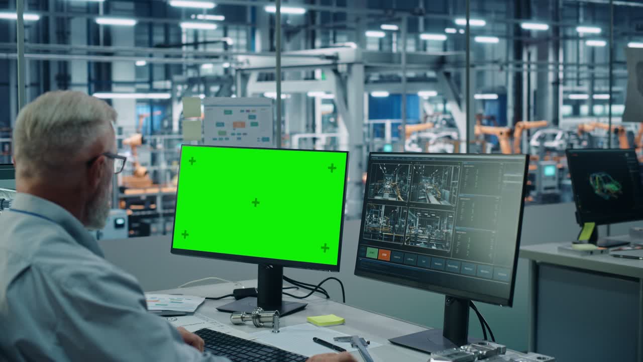 Car Factory Monitoring Office: Male Chief Automotive Engineer Sitting at the Desk Working on Green Screen Chroma Key Computer. Automated Robot Arm Assembly Line Manufacturing. Over Shoulder