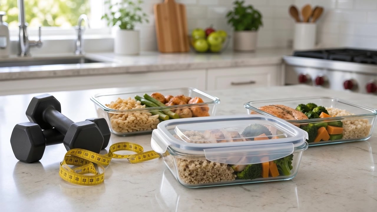 Eine Hand schließt einen Glas-Meal-Prep-Behälter neben Hanteln und einem Maßband.