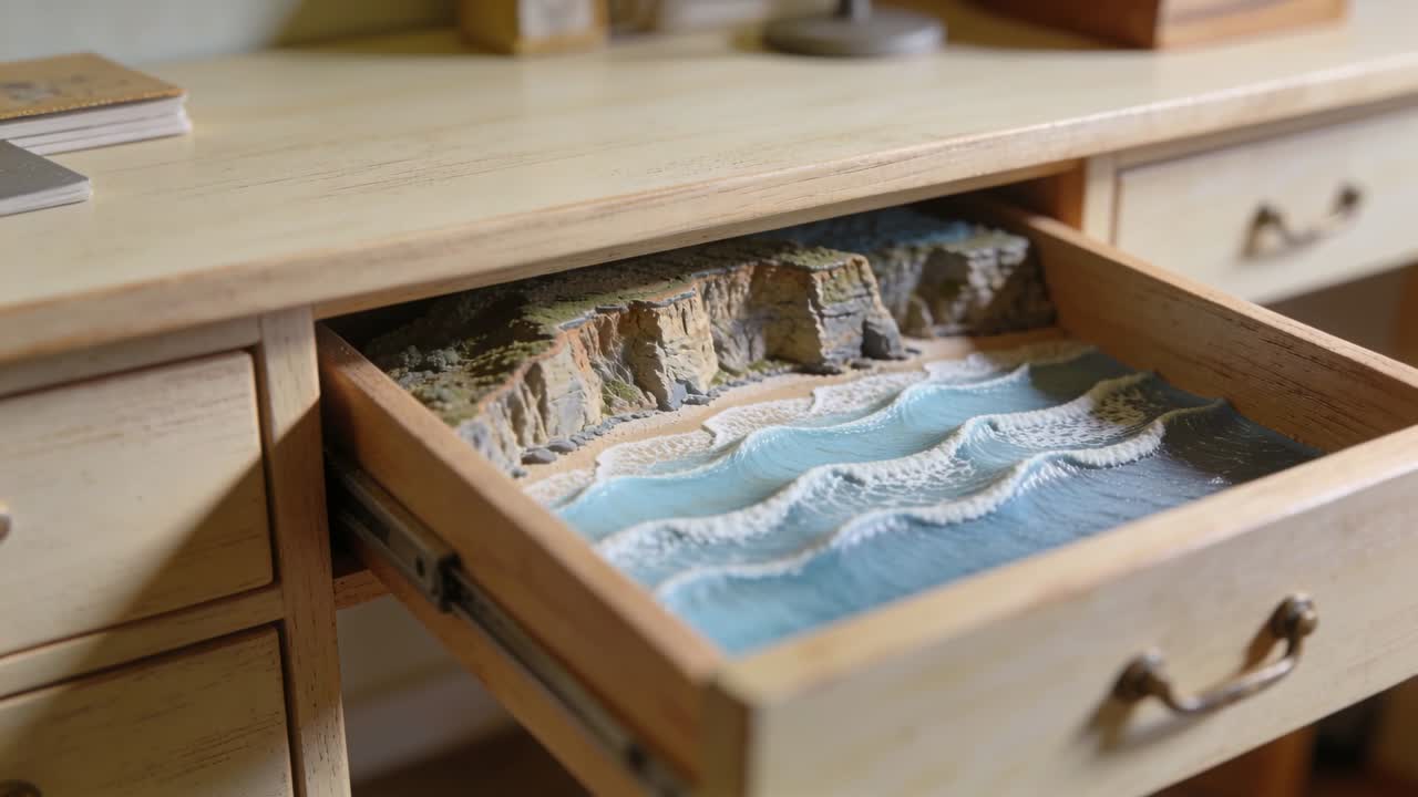 Moving camera, sliding wooden drawer holding mini coastal diorama outward on desk, revealing waves