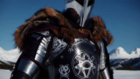 medieval knight in snowy mountains