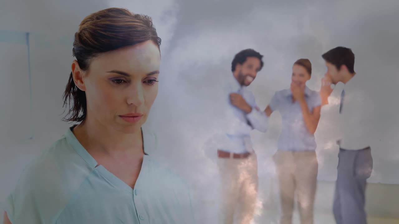 цифровая анимация товарищей по команде, издевающихся над женщиной в офисе 4k