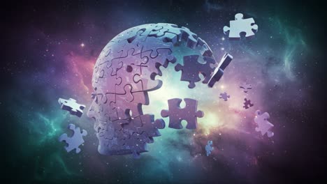 exploring the complexity of thought: a abstract representation of the human mind with puzzle pieces and cosmic background