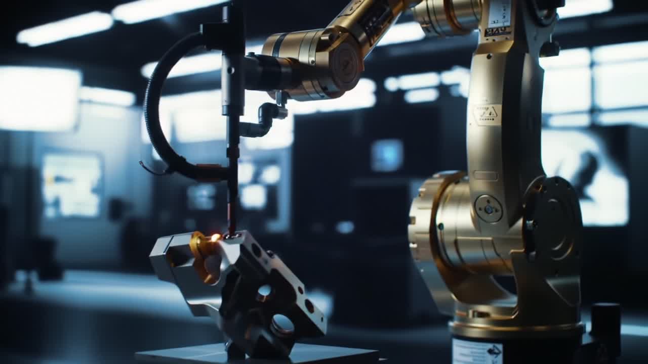Advanced Robotics in Action: A Robotic Arm Precision Engineering and Sparks Flying During Metal Fabrication Process in a Modern Industrial Environment