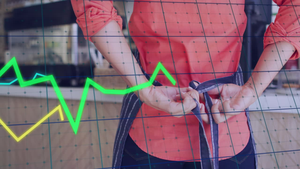 데이터 프로세싱의 애니메이션 백인 여성 가게 조수 는 전면