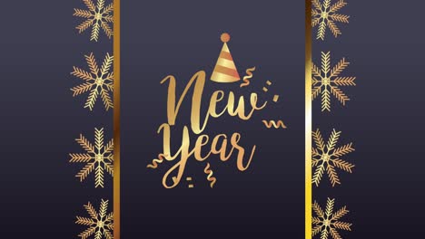 happy new year lettering card with golden snowflakes