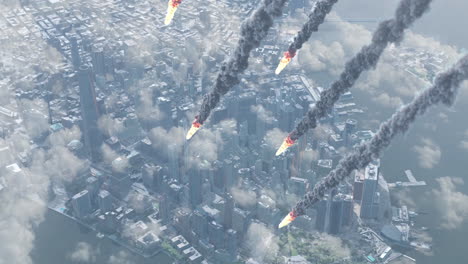 futuristic city under massive meteorite attack