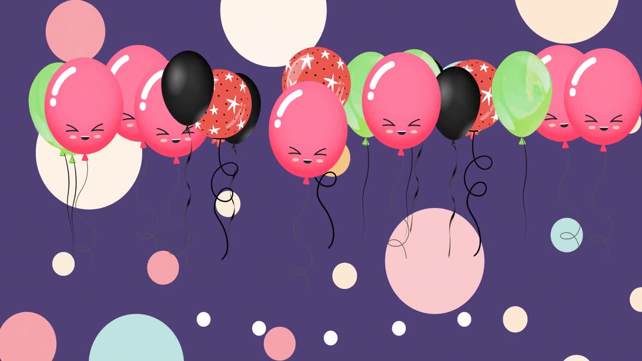 Animazione di diversi palloncini colorati su macchie su sfondo viola
