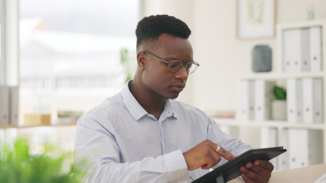 Research, tablet or financial advisor black man