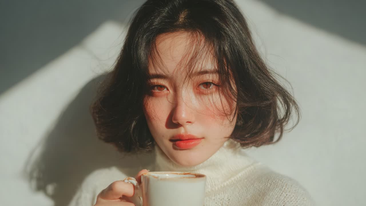温かい飲み物を楽しむ若い女性の魅力的なポートレート。ソフトな照明で自然な美しさと穏やかな雰囲気を際立たせています。