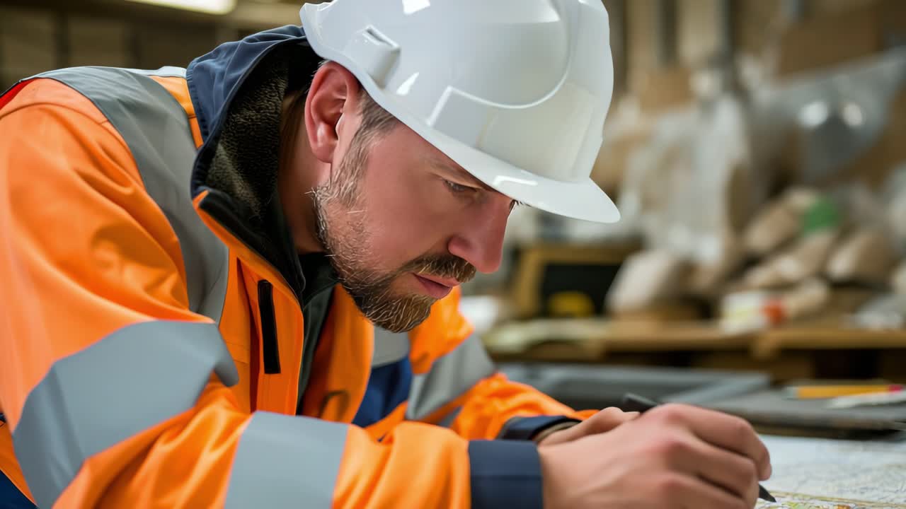 Focused warehouse professional in orange safety jacket carefully drawing architectural blueprint with precision and concentration