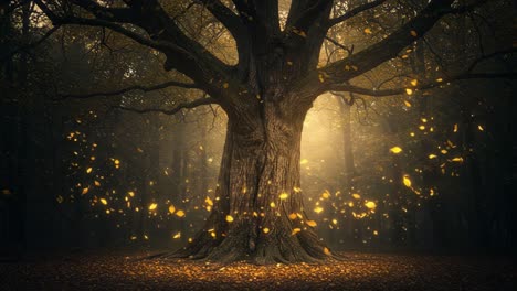 majestic tree standing tall amidst a mystical forest, bathed in golden light and surrounded by floating leaves, creating a serene and enchanting atmosphere