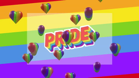 animación de texto de orgullo de neón sobre corazones arco iris y fondo arco iris.
