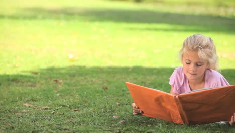chica joven leyendo un libro en el césped