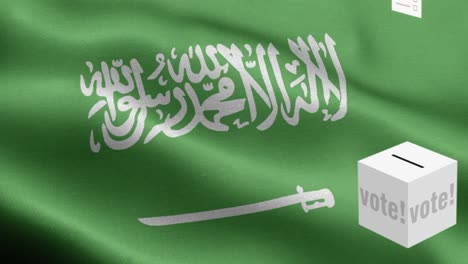 ballots fly to box for saudi arabia selection - ballot box in front of flag - election - vote - flag of saudi arabia - saudi arabia flag high detail - national flag saudi arabia wave pattern loopable elements