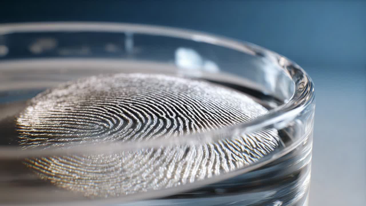 Capturing the Intricacies of Unique Fingerprint Patterns Preserved on Water's Surface, Showcasing Nature's Designs in a Transparent Dish, Merging Science with Aesthetic Detail