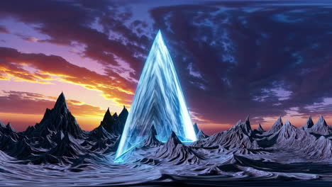 mysterious glowing triangular structure in a desolate alien landscape
