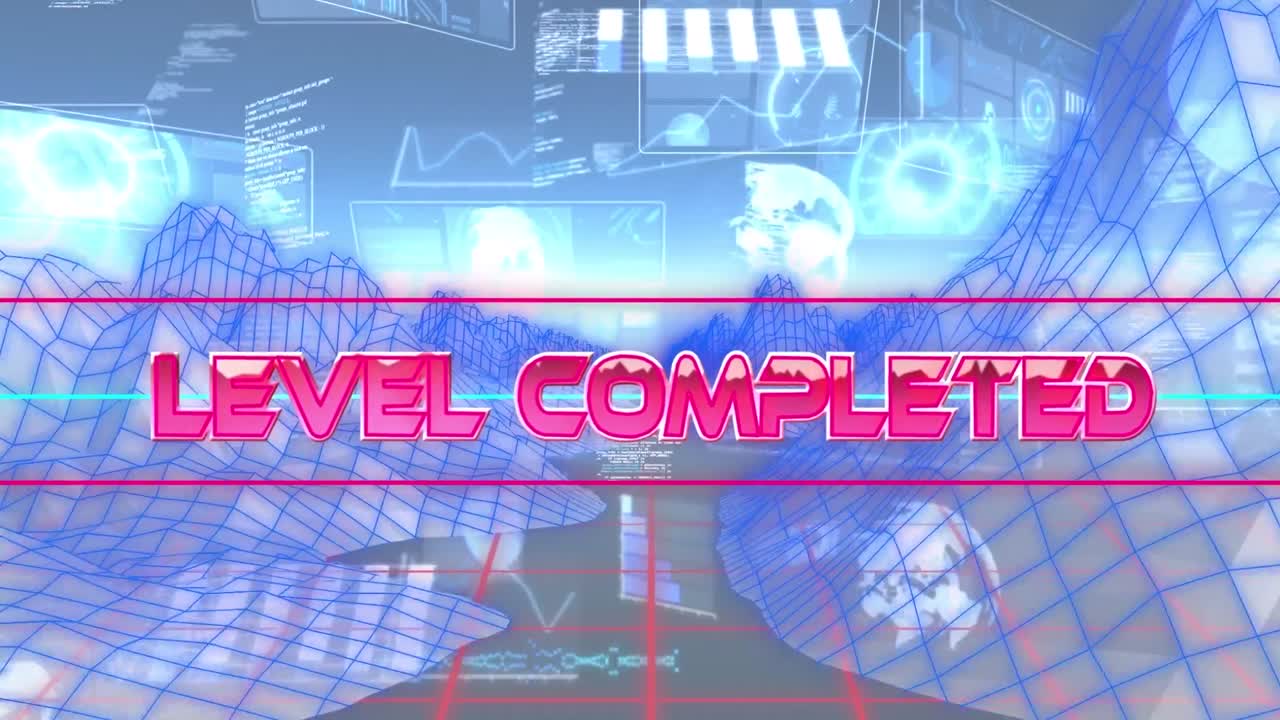 다양한 데이터로 디지털 추상 공간에서 완료된 레벨의 애니메이션