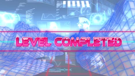 animation of level completed in digital abstract space with diverse data