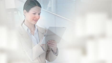 animation of wind turbine over businesswoman using digital tablet