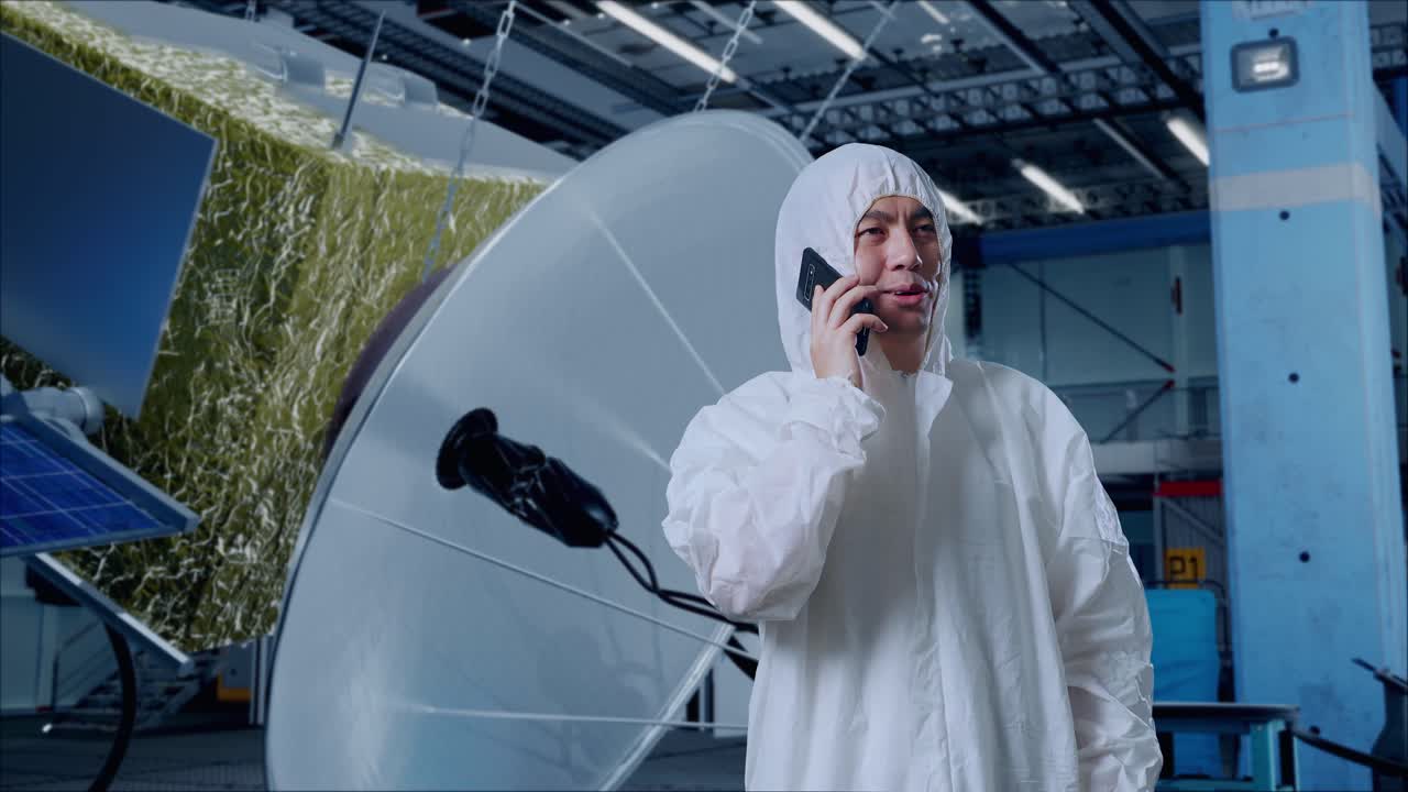 científico masculino asiático hablando en teléfono inteligente mientras está de pie con la construcción de naves espaciales