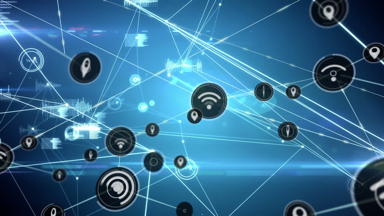 animación de la red de conexiones con iconos sobre puntos brillantes