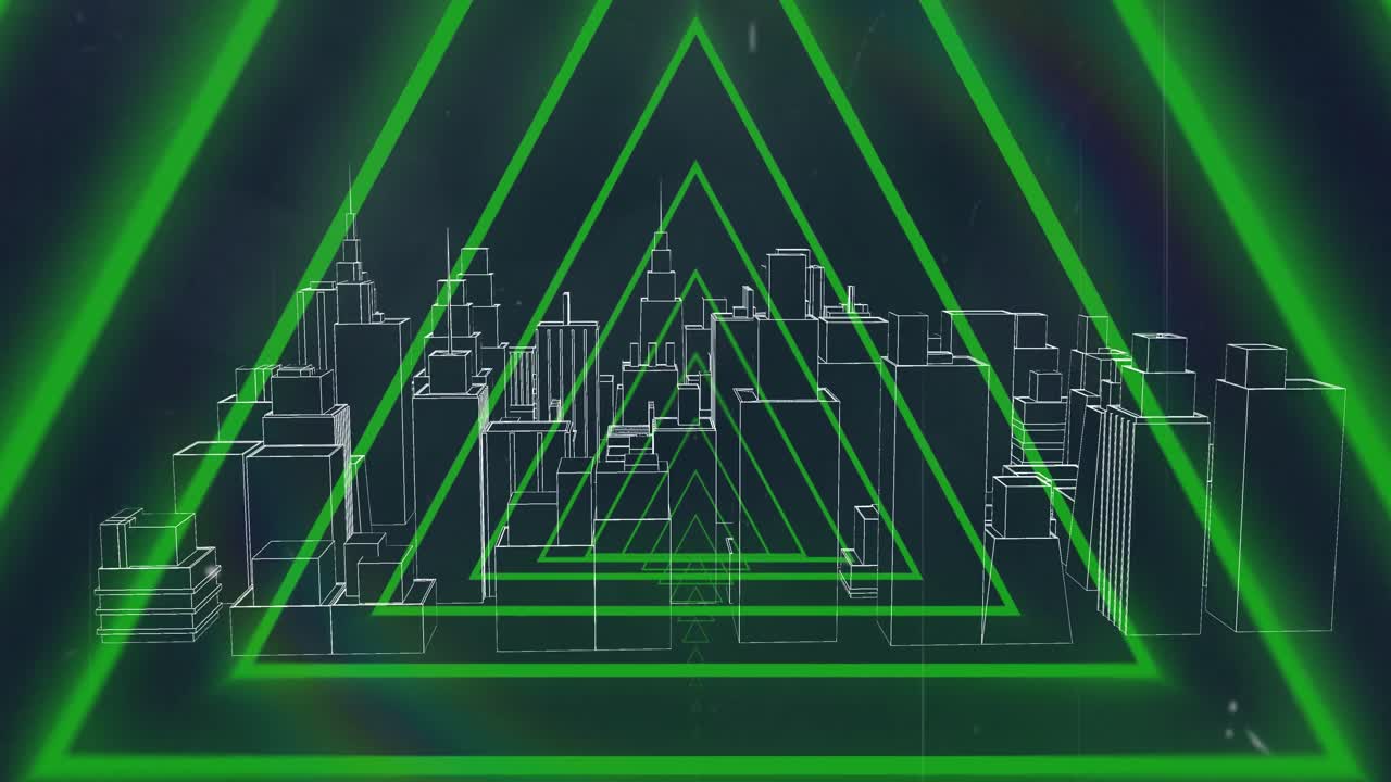 Animation of red neon geometrical shapes over 3d city model