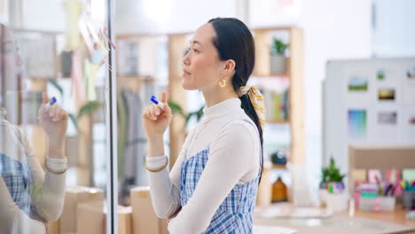 thinking, brainstorming board and asian woman