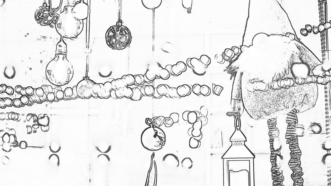 Juledekorasjoner som henger i tråder, svart og hvit doodle-tegning