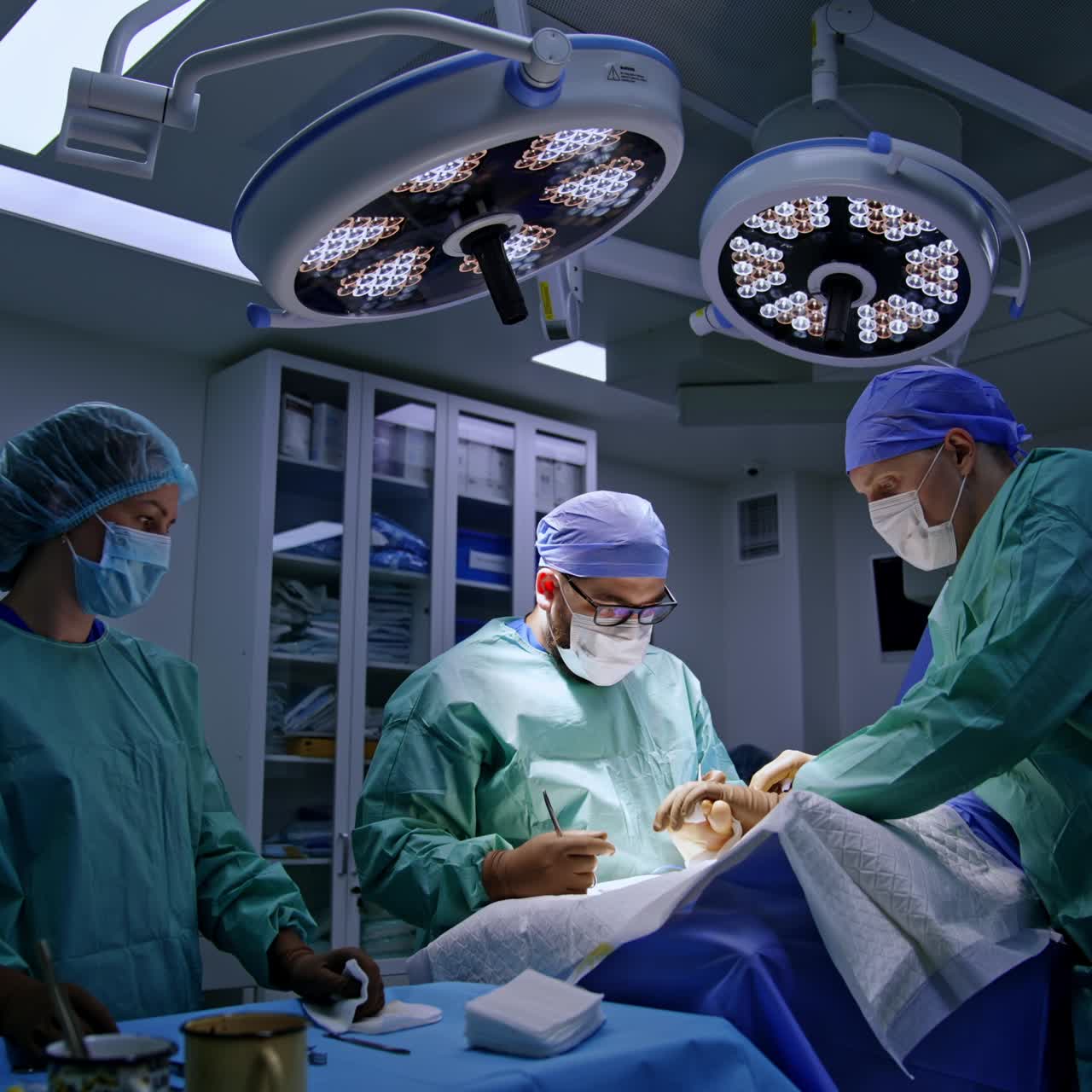 Assisting doctor holds the foot of a patient at operation. Surgeon uses metal tools to perform the procedure. Nurse stands at the table with instruments