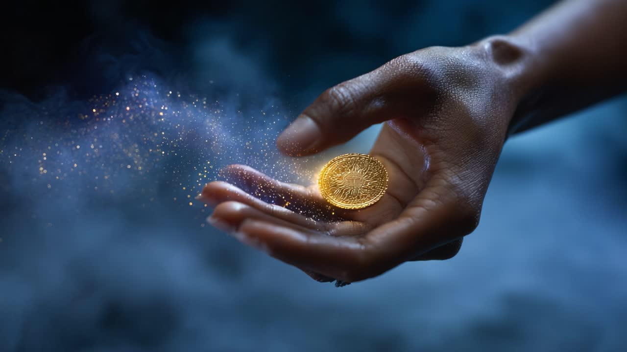 Uma mão segurando uma moeda de ouro brilhante libera um feixe de luz, criando uma exibição mágica cheia de brilhos e energia mística em um momento cativante.