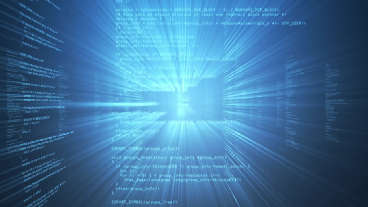 파란색 배경 위의 디지털 데이터 처리의 애니메이션