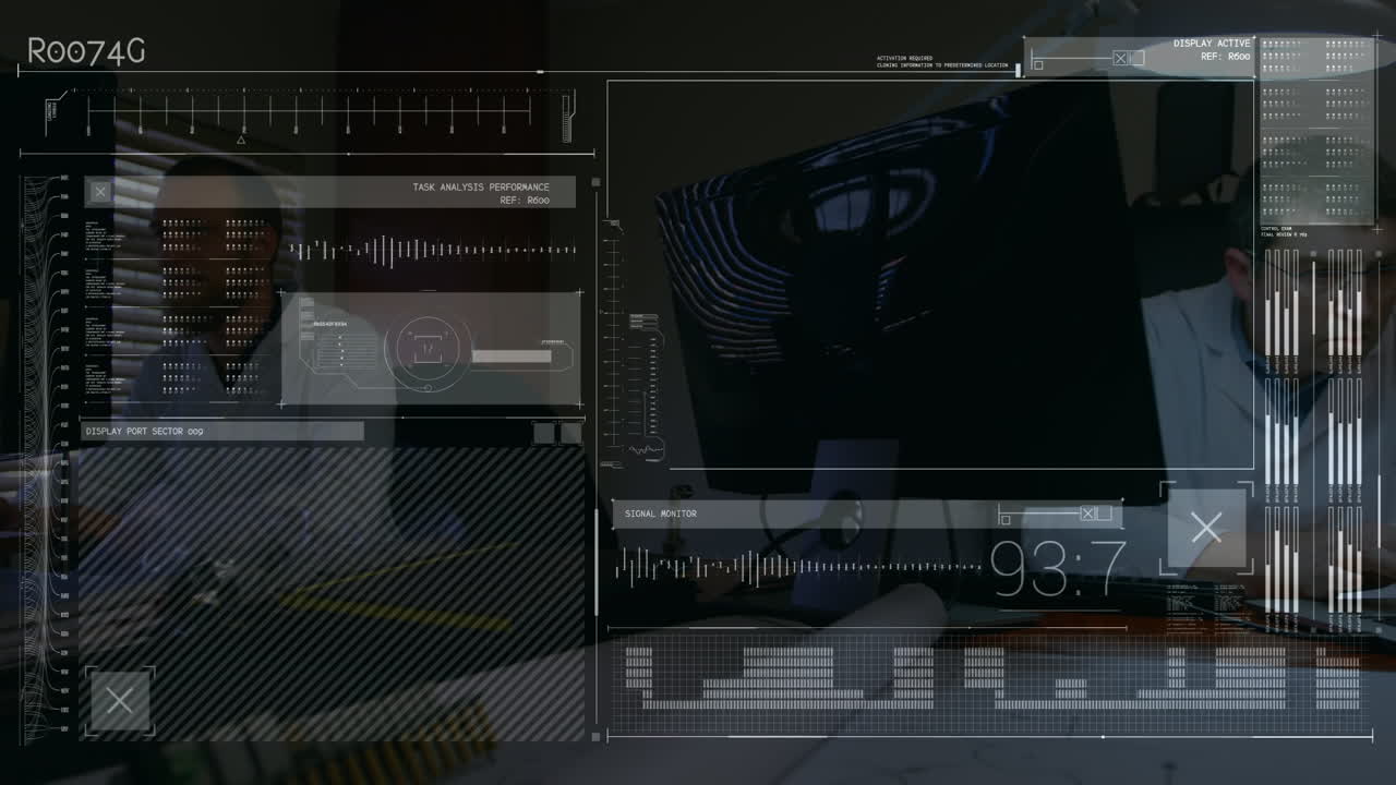 Animation of data processing over caucasian male scientists
