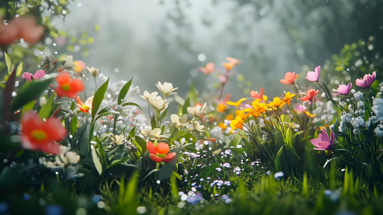A dreamy, close-up video of a vibrant flower meadow at eye level, capturing colorful blooms