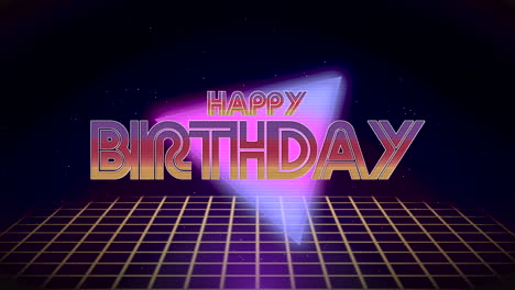 feliz cumpleaños con triángulo de neón y cuadrícula en la galaxia al estilo de los años 80