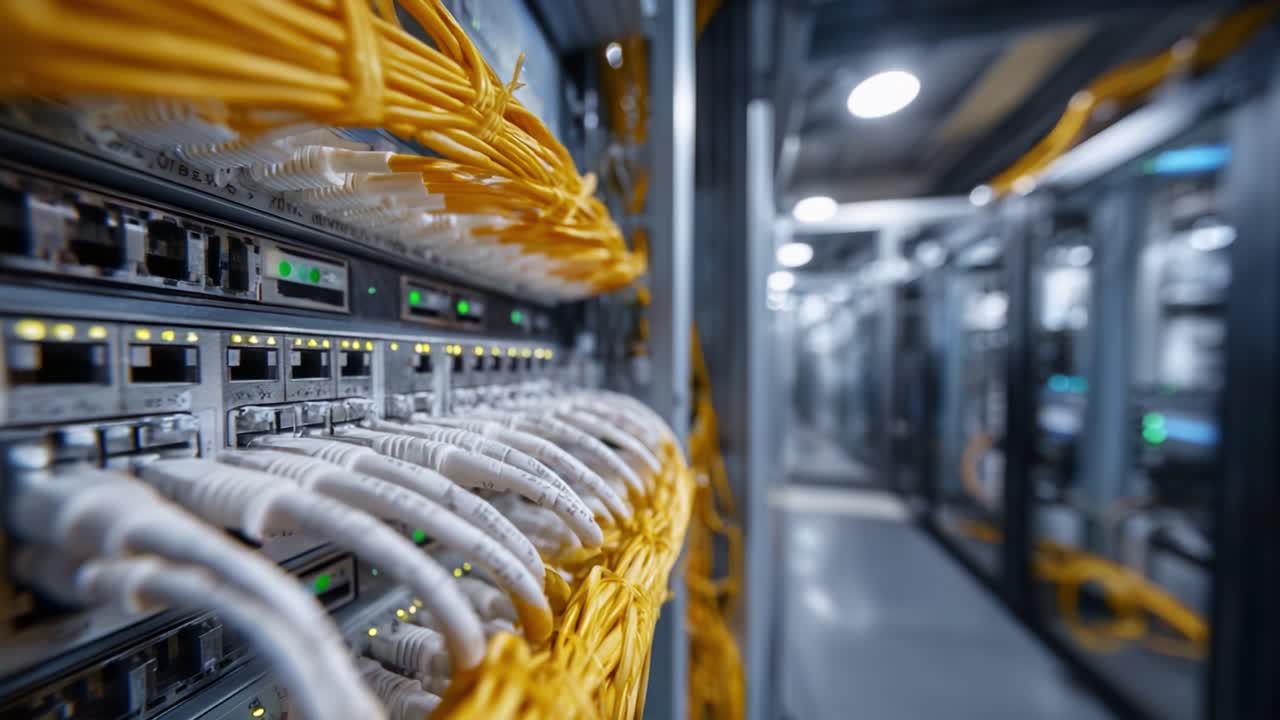 A Close-Up View of Network Cabling: Highlights of Ethernet Connections and Data Center Infrastructure in a Server Room Environment
