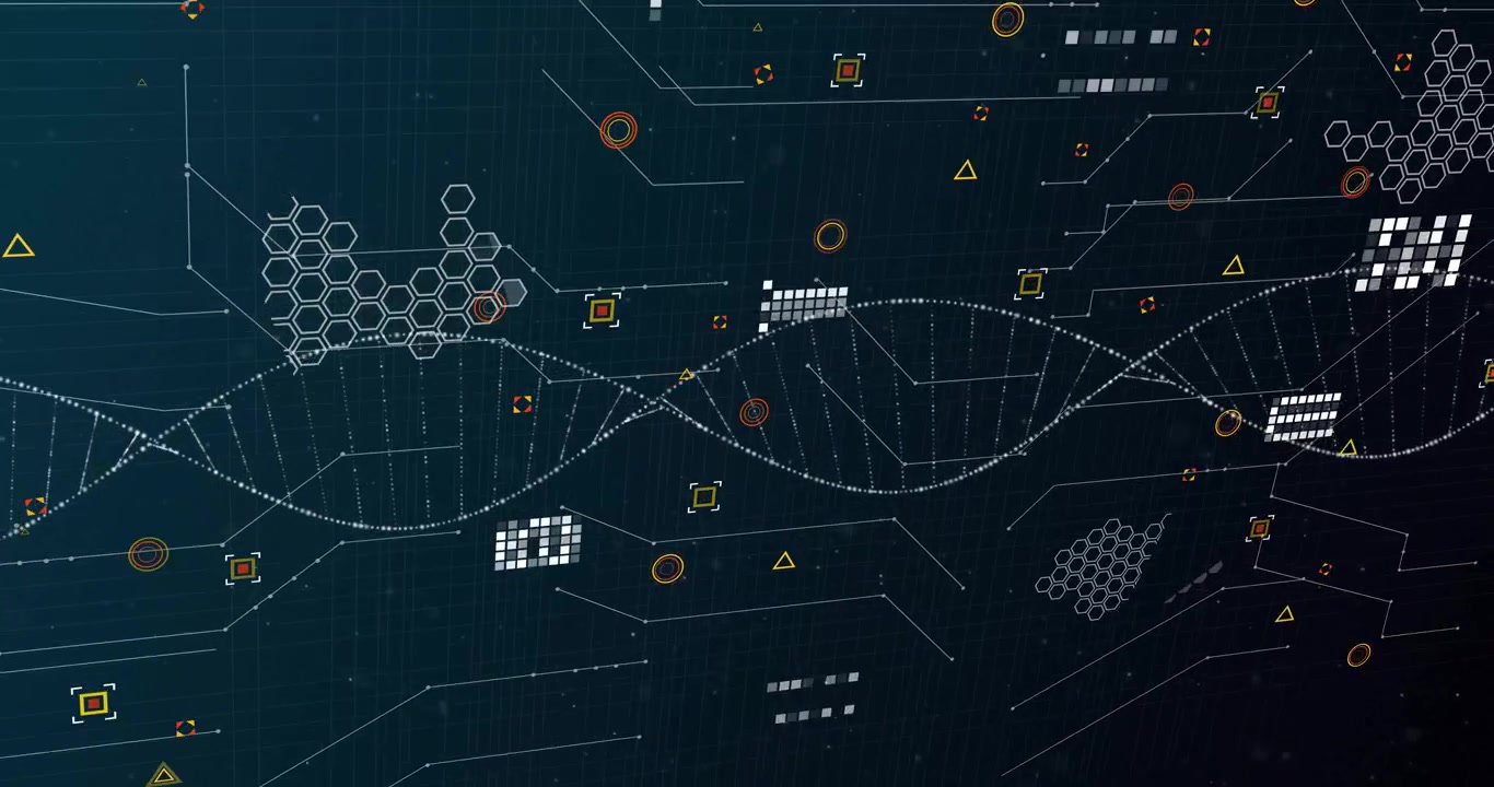 Animation opening backdrop, shapes fading, clusters and grids forming, helix pulsing for data sync