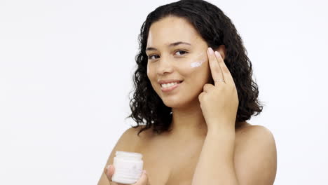 skincare, cream and face of woman for beauty