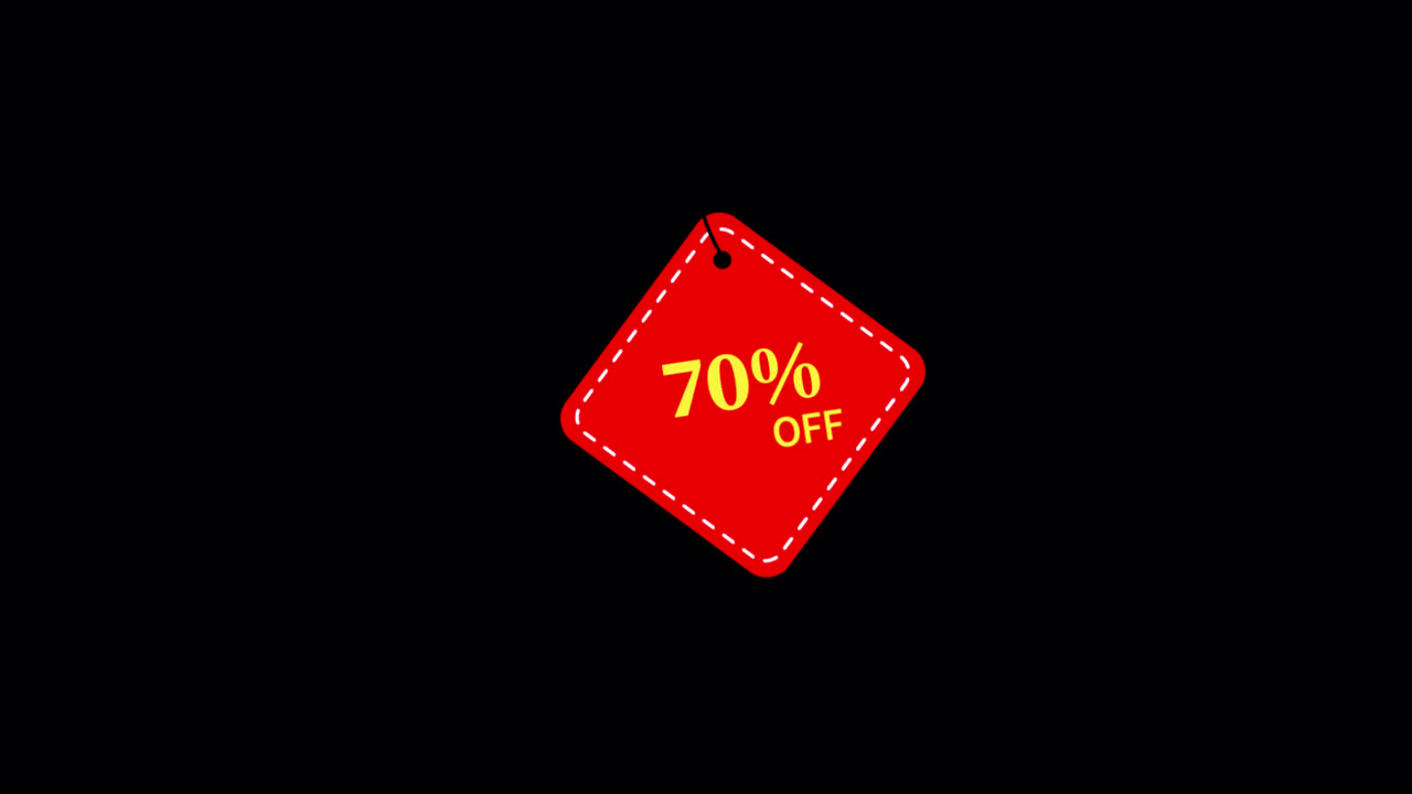 Animazione di etichetta rossa '70% di sconto' su sfondo nero