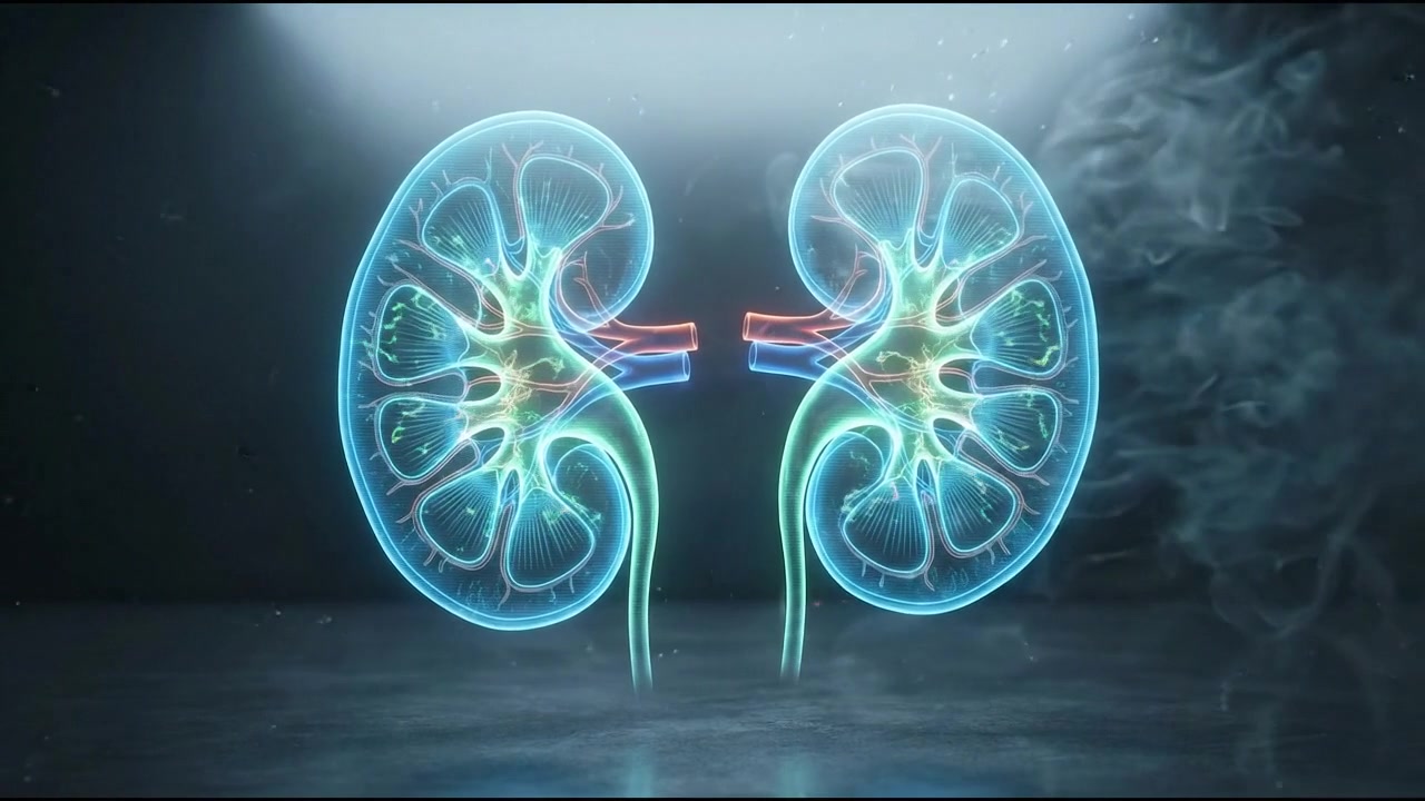 X-ray style blue 3D human kidneys visualization with spine