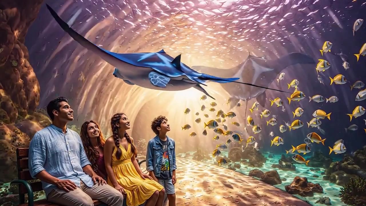 An Underwater Family Adventure: Witnessing Majestic Sea Creatures Like Turtles and Manta Rays in a Vibrant Ocean Environment Surrounded by Colorful Fish