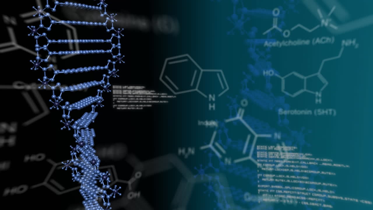 Moving DNA, text and digital data on dark background