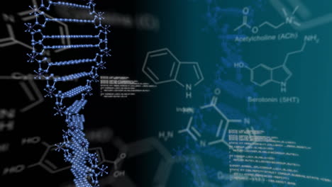 moving dna, text and digital data on dark background