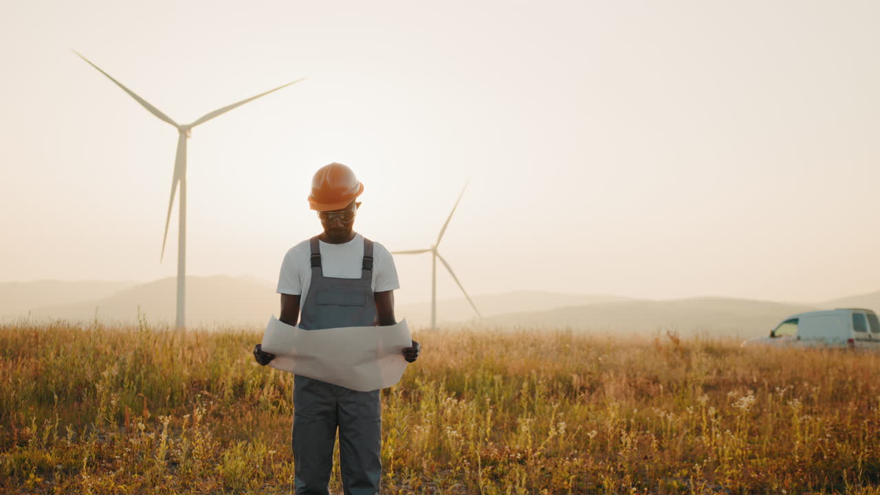 Engineer reviewing blueprints at a wind farm