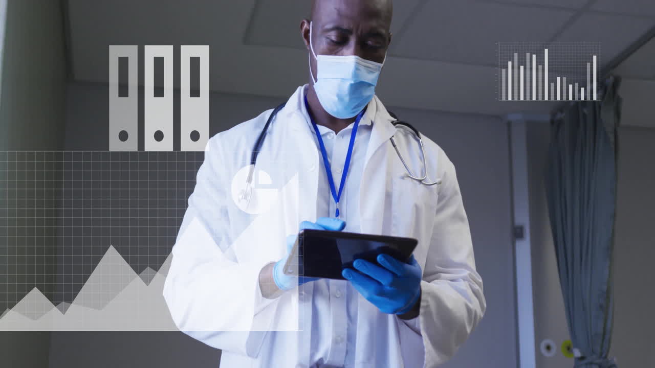 male doctor interacting with tablet in medical clinic, displaying grid lines and bar chart