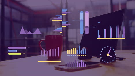 animation of financial data processing over laptop on office desk