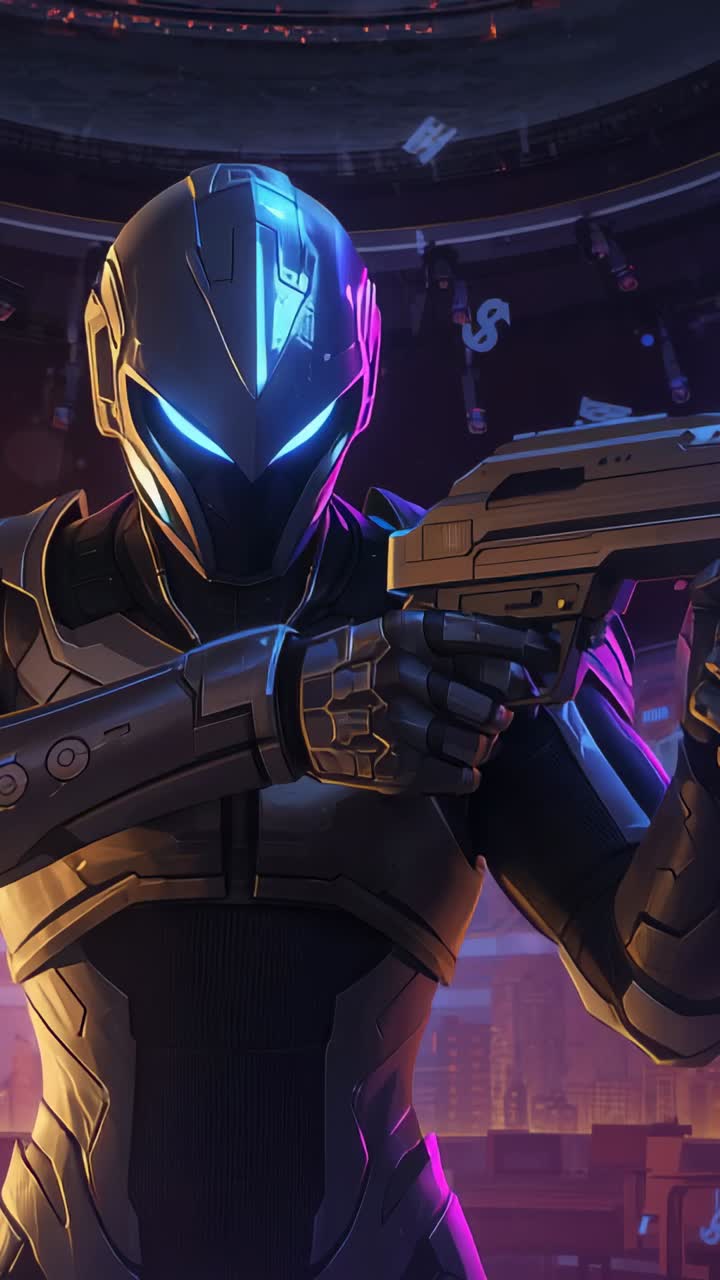 Vertical video: Shifting armored soldier raising rifle, scanning neon city in deck, with holograms