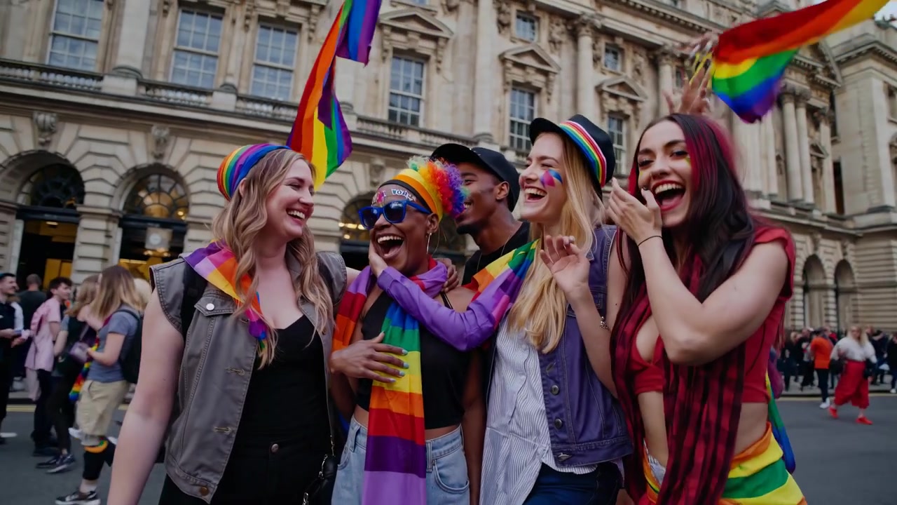Glade unge kvinner som feirer på en livlig Pride-parade
