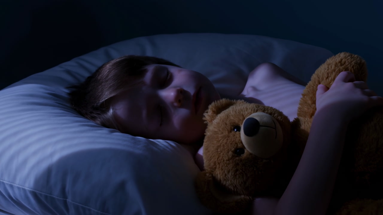Child Sleeping In Bed With Teddy Bear, Moonlit Bedroom Scene Showing Peaceful Child Hugging Plush Toy, Soft