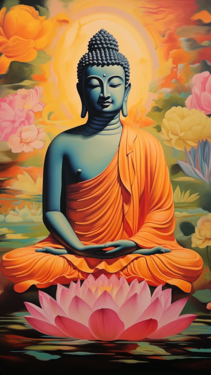 Buddha vibrante e sereno in meditazione, circondato da fiori di loto