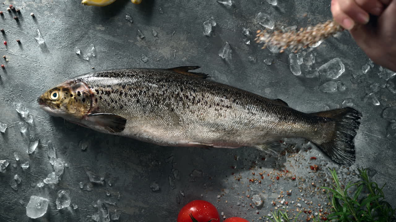pescado de salmón condimentado en un mostrador de cocina cubierto de hielo de piedra fría, vista de la mesa, cámara lenta